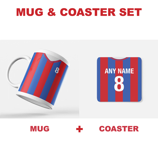 Crystal Palace Retro Style Home Kit Shirt Inspired Colours for Personalised Football Mug with optional Coaster.