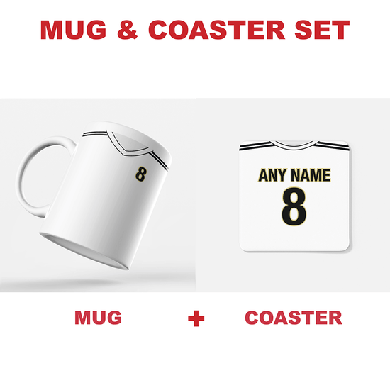 Real Madrid Retro Style Home Kit Shirt Inspired Colours for Personalised Football Coaster with optional Mug.