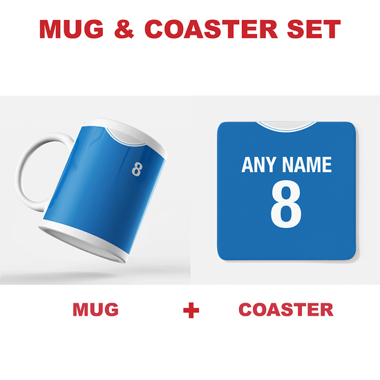 Leicester City Retro Style Home Kit Shirt Inspired Colours for Personalised Football Coaster with optional Mug.