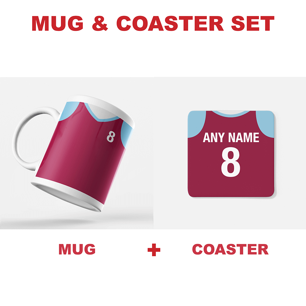 Burnley Retro Style Home Kit Shirt Inspired Colours for Personalised Football Coaster with optional Mug.