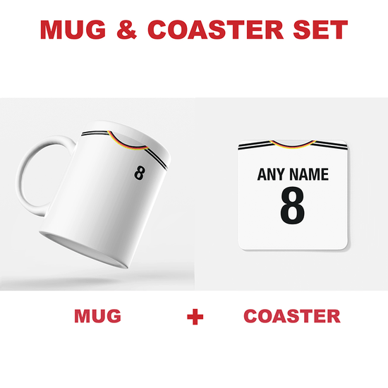 Germany Retro Style Home Kit Shirt Inspired Colours for Personalised Football Coaster with optional Mug. Perfect item for the Die Nationalelf fan.