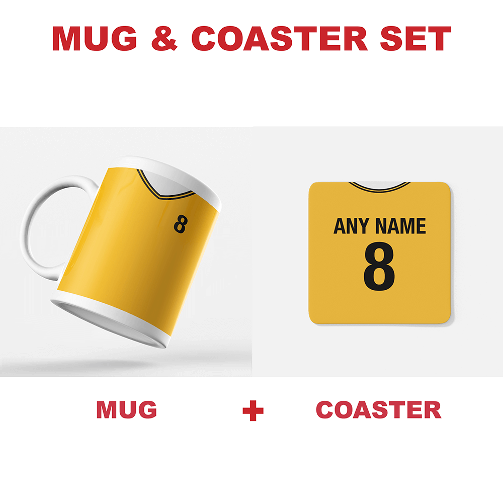 Wolverhampton Retro Style Home Kit Shirt Inspired Colours for Personalised Football Coaster with optional Mug.