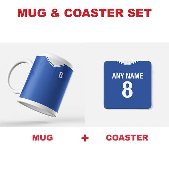Chelsea Retro Style Home Kit Shirt Inspired Colours for Personalised Football Mug with optional Coaster.