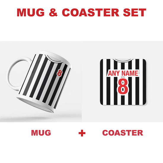 Newcastle Retro Style Home Kit Shirt Inspired Colours for Personalised Football Coaster with optional Mug.