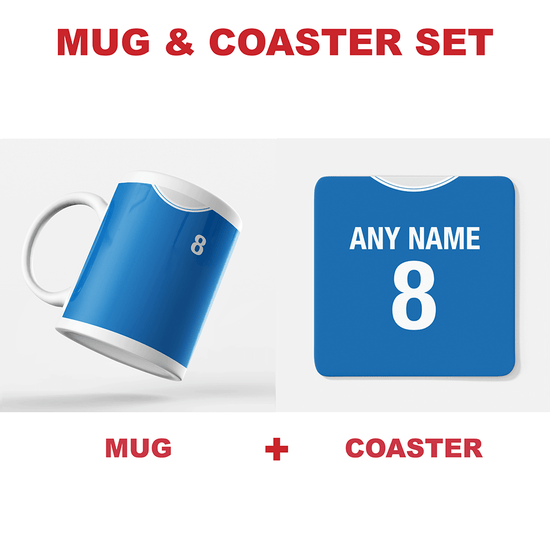 Leicester City Retro Style Home Kit Shirt Inspired Colours for Personalised Football Mug with optional Coaster.