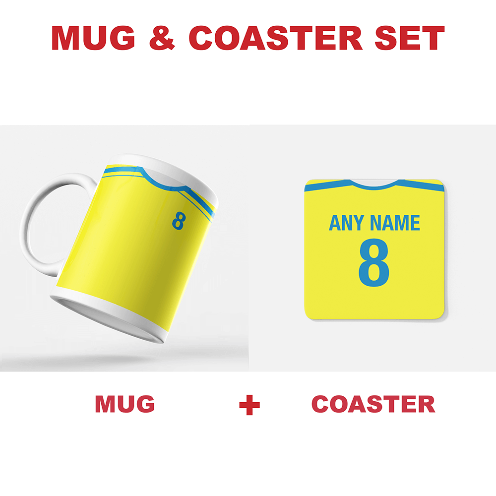 Villarreal Retro Style Home Kit Shirt Inspired Colours for Personalised Football Coaster with optional Mug. Perfect item for the Yellow Submarine fan.