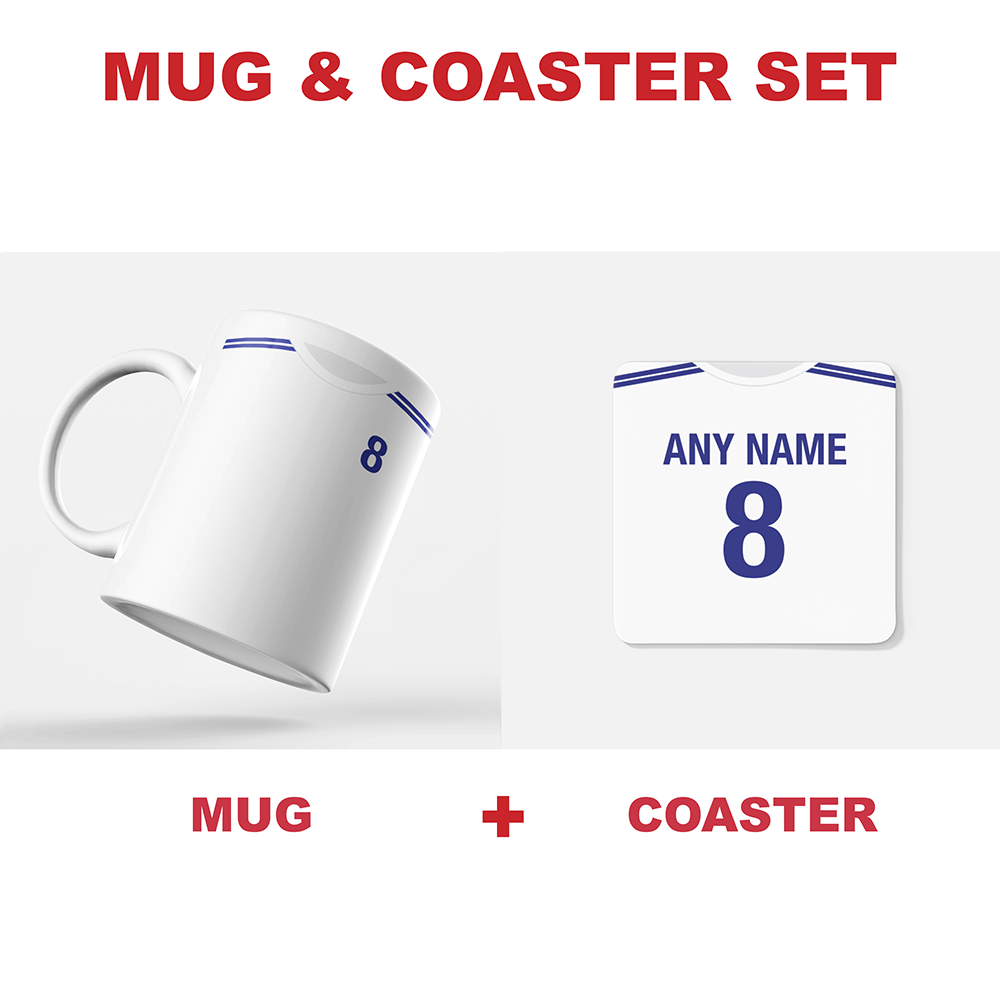 Greece Retro Style Home Kit Shirt Inspired Colours for Personalised Football Coaster with optional Mug. Perfect item for the I Galanolefki fan.