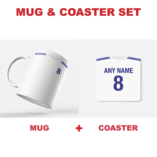Greece Retro Style Home Kit Shirt Inspired Colours for Personalised Football Coaster with optional Mug. Perfect item for the I Galanolefki fan.