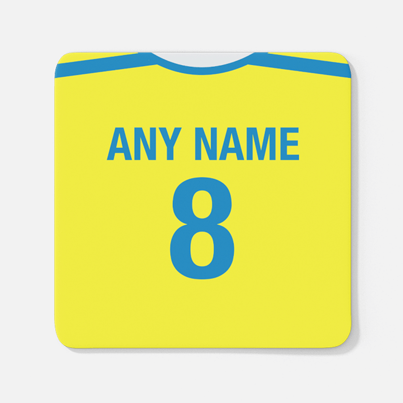 Villarreal Retro Style Home Kit Shirt Inspired Colours for Personalised Football Coaster with optional Mug. Perfect item for the Yellow Submarine fan.