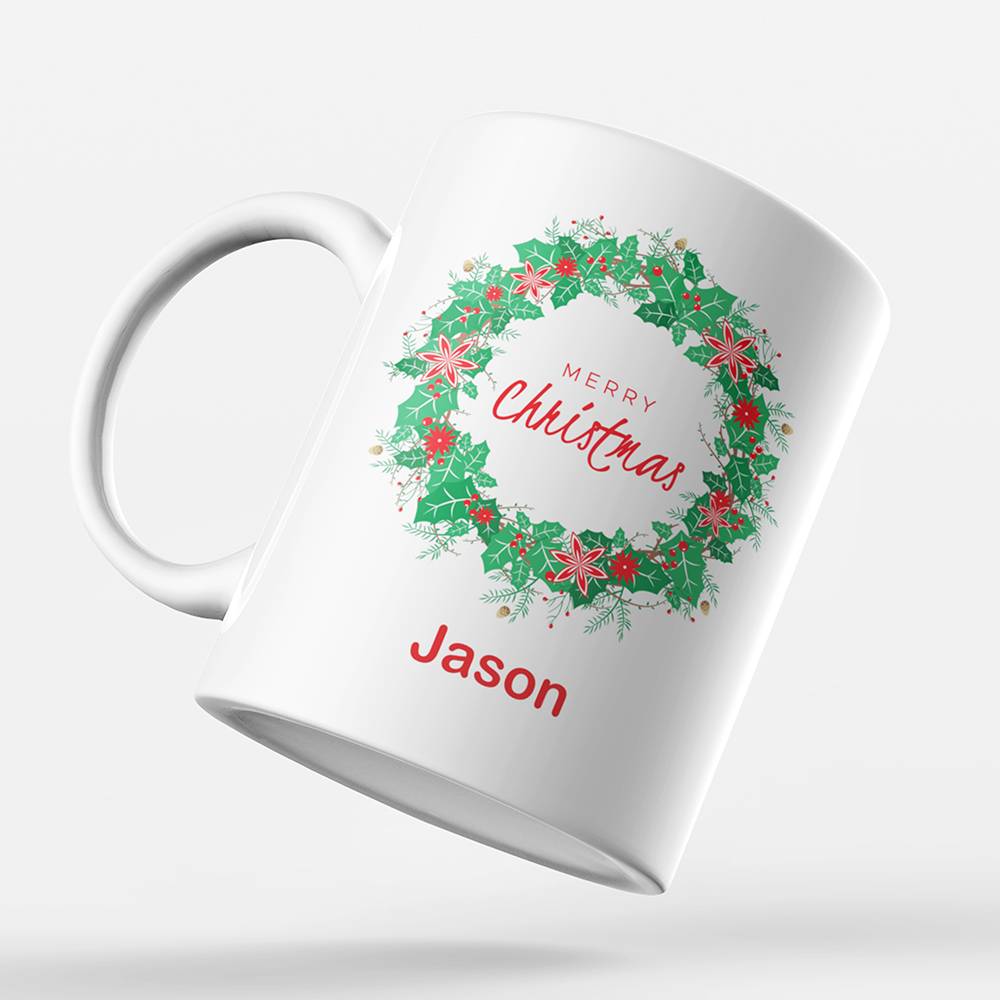 Merry Christmas 'Personalised' Mug. Xmas Wreath.