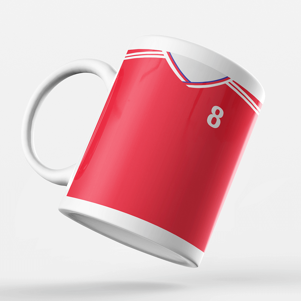 Arsenal Retro Style Home Kit Shirt Inspired Colours for Personalised Football Mug with optional Coaster.