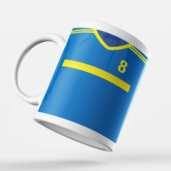 Bosnia & Herzegovina Retro Style Home Kit Shirt Inspired Colours for Personalised Football Mug with optional Coaster.