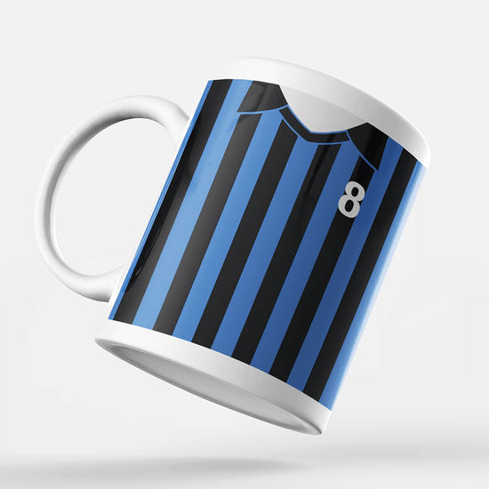 Inter Milan Retro Style Home Kit Shirt Inspired Colours for Personalised Football Mug with optional Coaster.