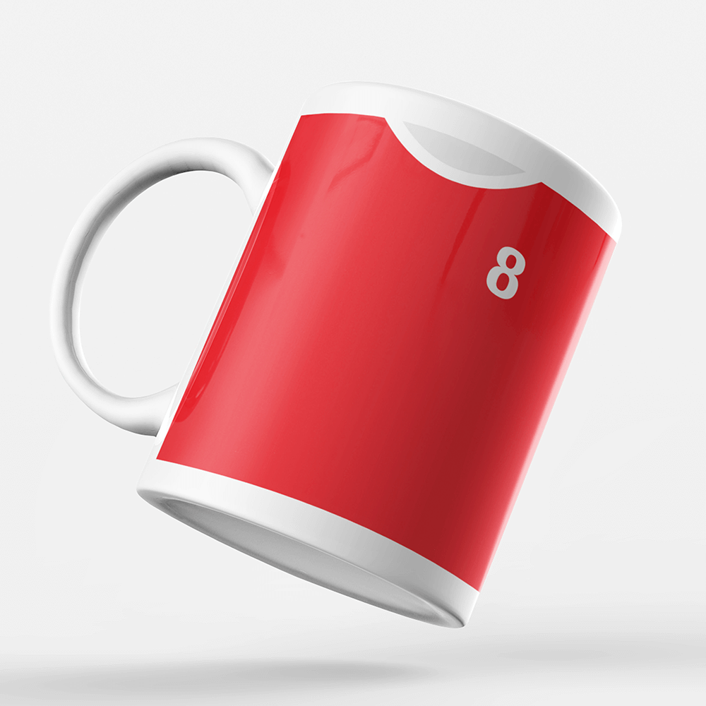 Liverpool Retro Home Kit Shirt Inspired Colours for Personalised Football Mug with optional Coaster.