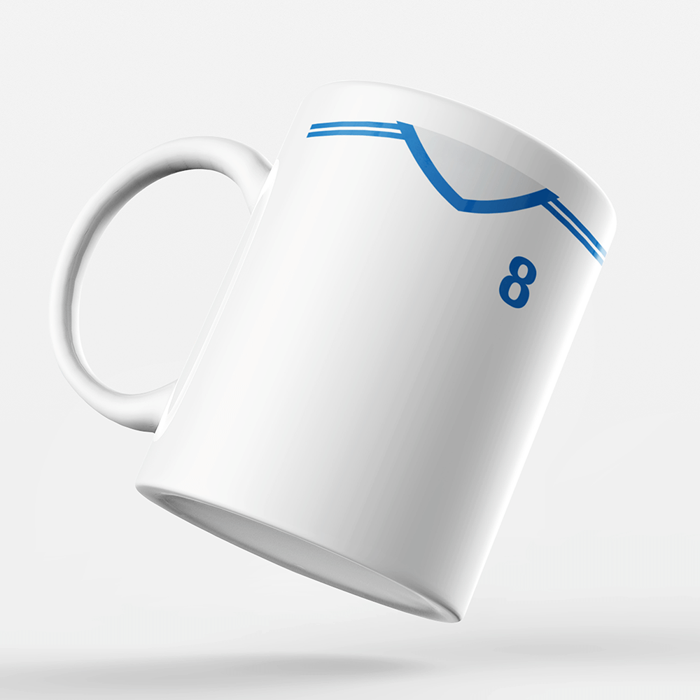 Finland Retro Style Home Kit Shirt Inspired Colours for Personalised Football Mug with optional Coaster. Perfect item for the Sinivalkoiset fan.