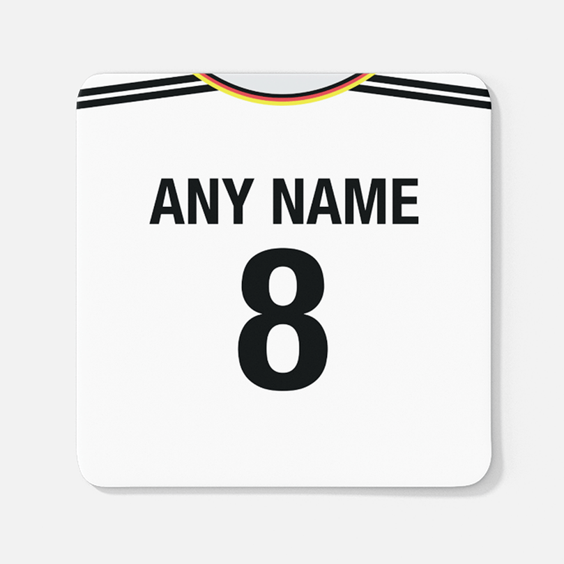 Germany Retro Style Home Kit Shirt Inspired Colours for Personalised Football Coaster with optional Mug. Perfect item for the Die Nationalelf fan.