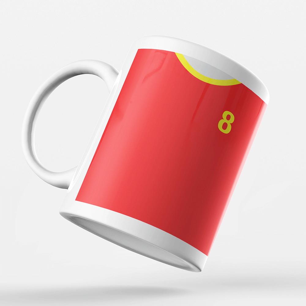 North Macedonia Retro Style Home Kit Shirt Inspired Colours for Personalised Football Mug with optional Coaster. Perfect item for The Red Lynx fan.