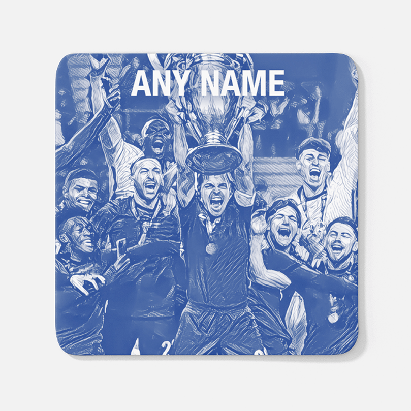 Chelsea 2020/2021 Champions of Europe Inspired Colours for Personalised Football Coaster with optional Mug. Perfect item for The Blues fan.