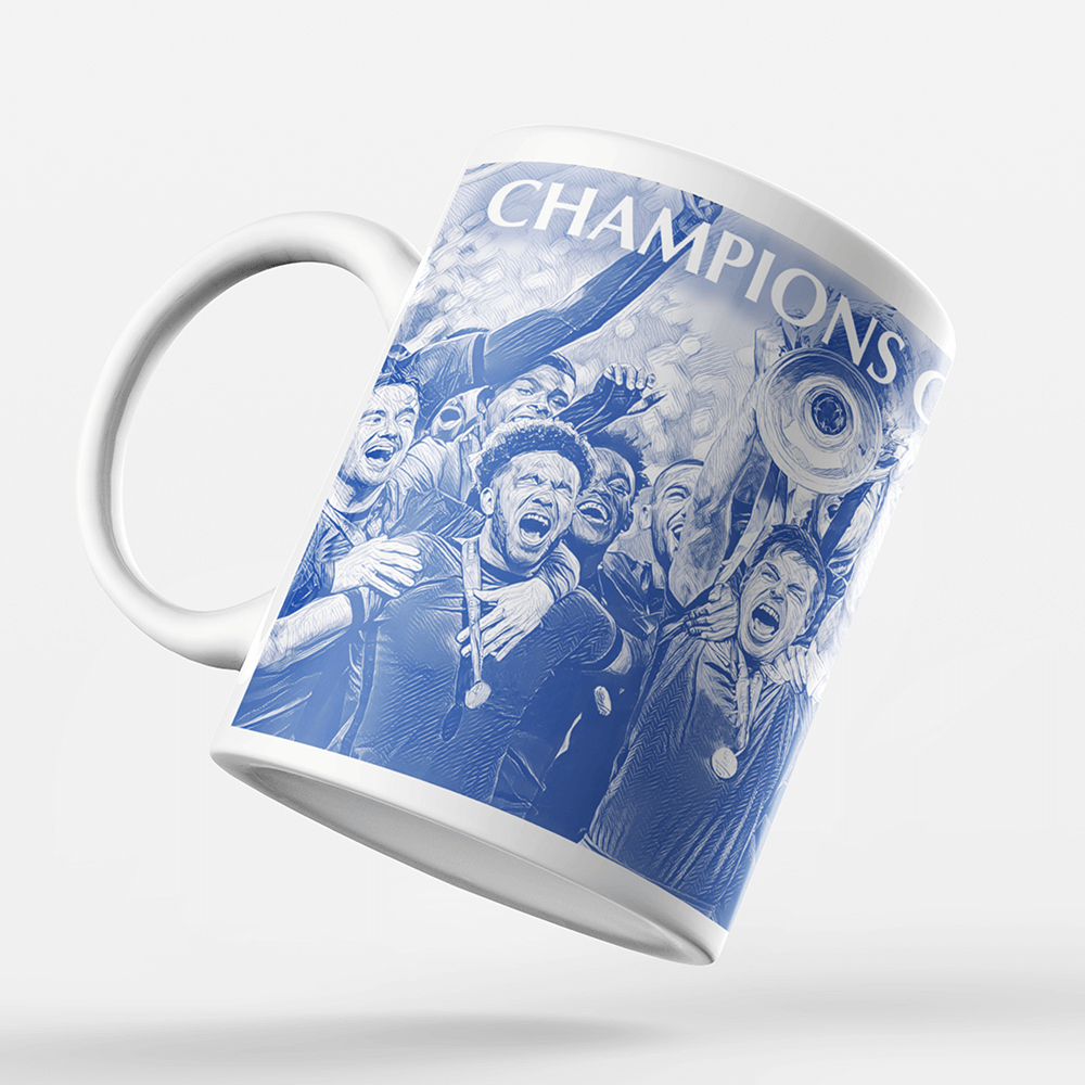 Chelsea 2020/2021 Champions of Europe Inspired Colours for Personalised Football Mug with optional Coaster. Perfect item for The Blues fan.