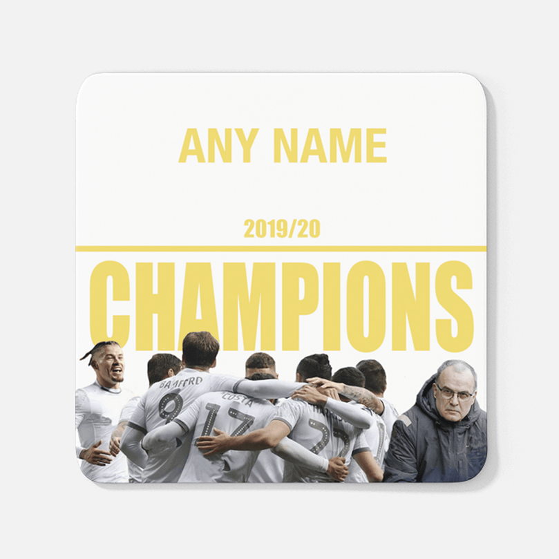 Leeds 2019/2020 Champions Inspired Colours for Personalised Football Coaster with optional Mug. Perfect item for The Peacocks fan.