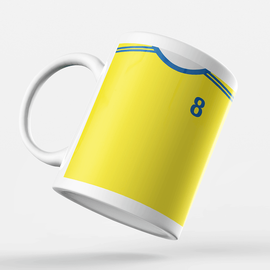 Sweden Retro Style Home Kit Shirt Inspired Colours for Personalised Football Mug with optional Coaster. Perfect item for the Blågult fan.