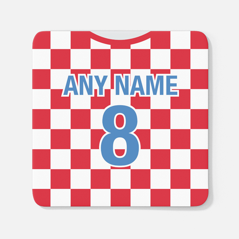 Croatia Retro Style Home Kit Shirt Inspired Colours for Personalised Football Coaster with optional Mug. Perfect item for the Vatreni fan.