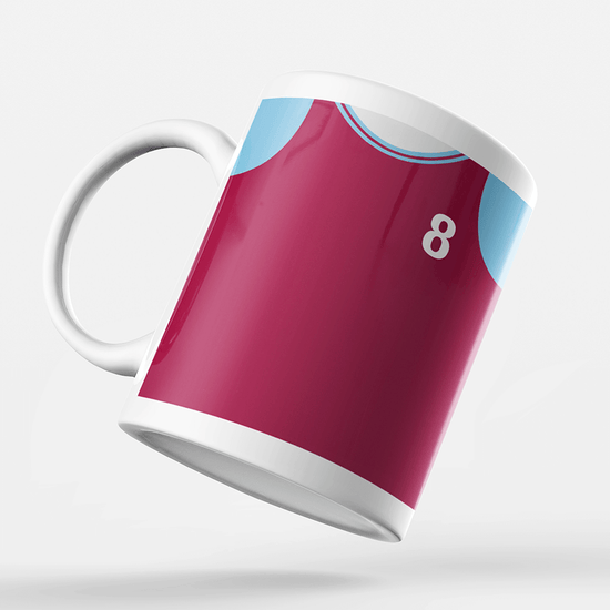 West Ham Retro Style Home Kit Shirt Inspired Colours for Personalised Football Mug with optional Coaster.