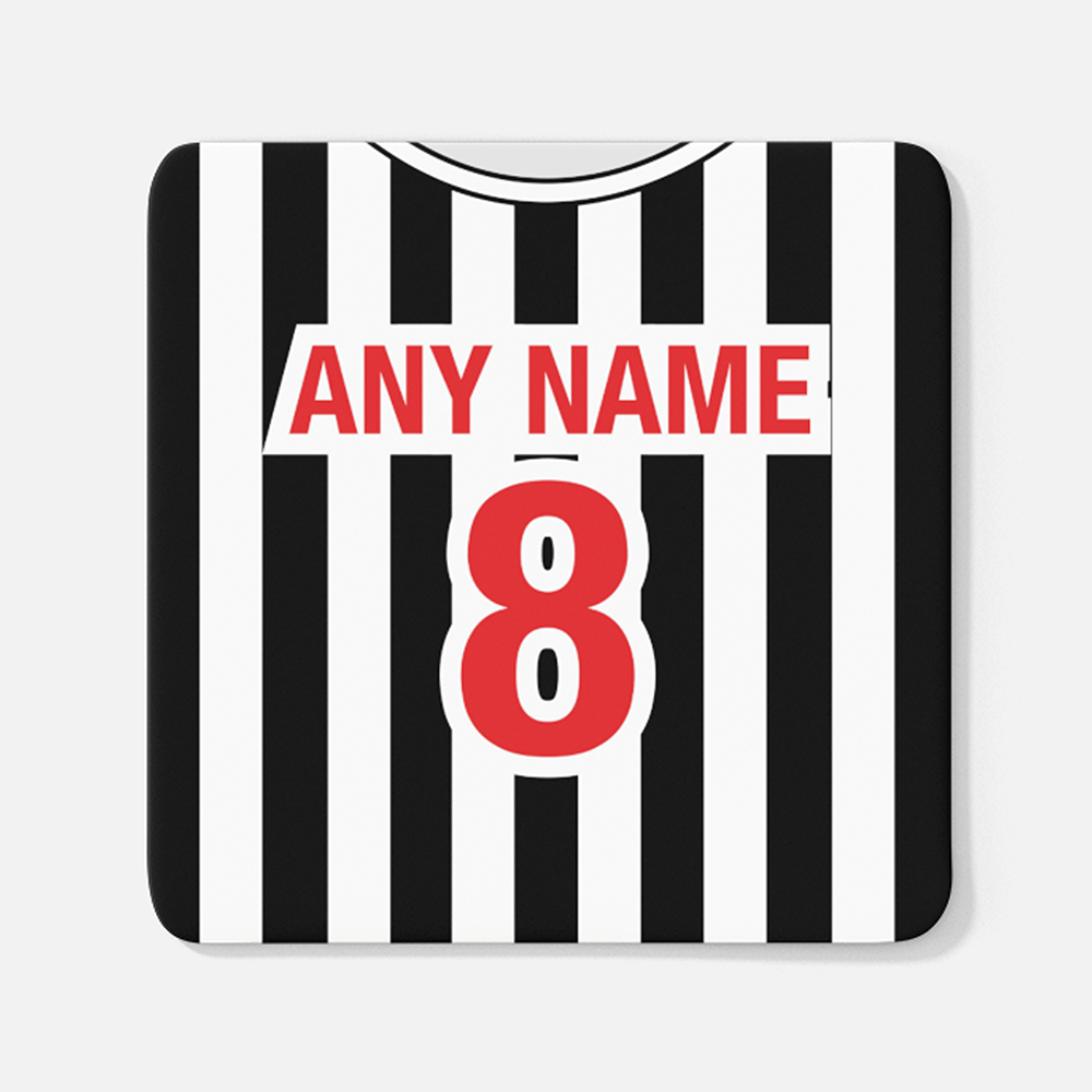 Newcastle Retro Style Home Kit Shirt Inspired Colours for Personalised Football Coaster with optional Mug.