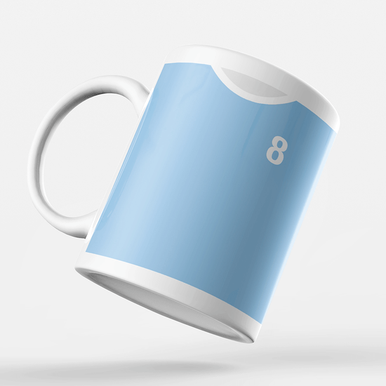 Manchester City Retro Style Home Kit Shirt Inspired Colours for Personalised Football Mug with optional Coaster.