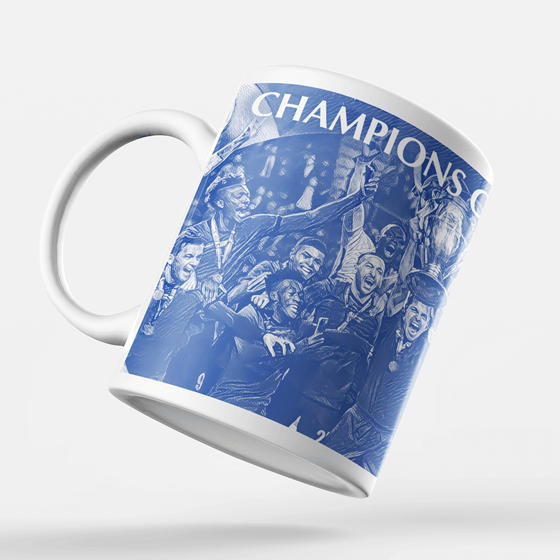 Chelsea 2020/2021 Champions of Europe Inspired Colours for Personalised Football Mug with optional Coaster. Perfect item for The Blues fan.