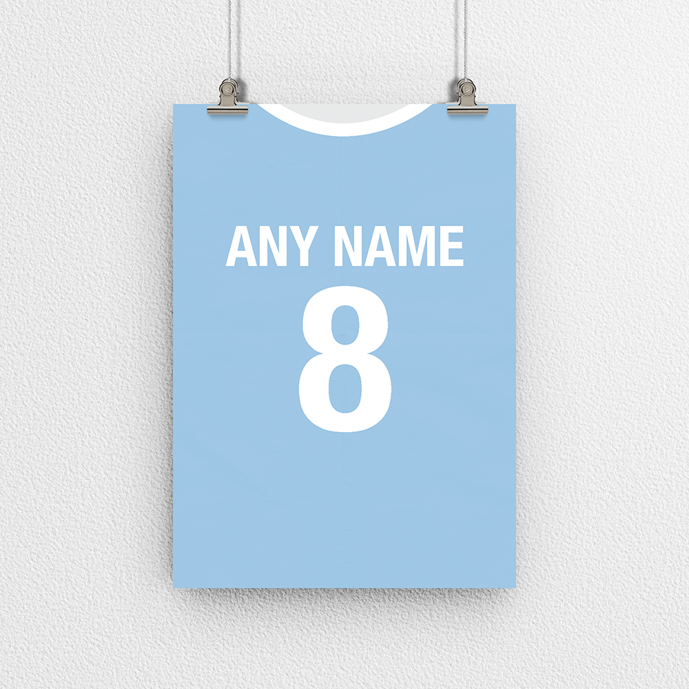 Manchester City Retro Home Kit Shirt Inspired Colours for Personalised Football Poster Print.