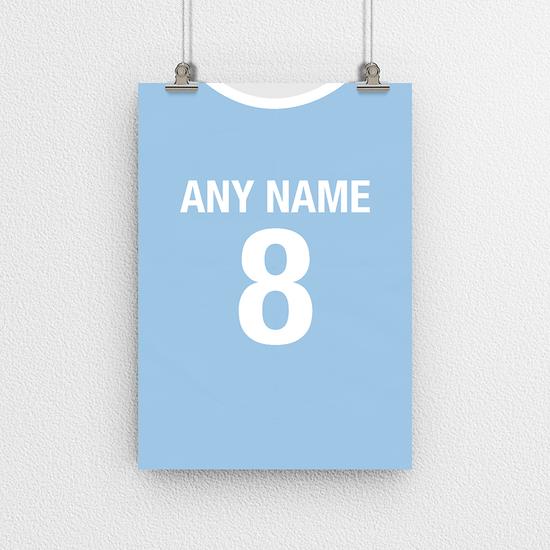 Manchester City Retro Home Kit Shirt Inspired Colours for Personalised Football Poster Print.