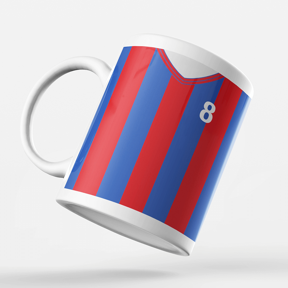 Crystal Palace Retro Style Home Kit Shirt Inspired Colours for Personalised Football Mug with optional Coaster.