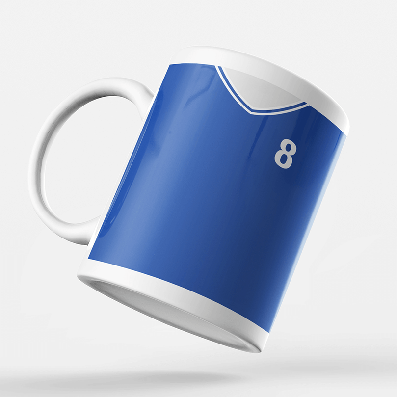 Chelsea Retro Style Home Kit Shirt Inspired Colours for Personalised Football Mug with optional Coaster.