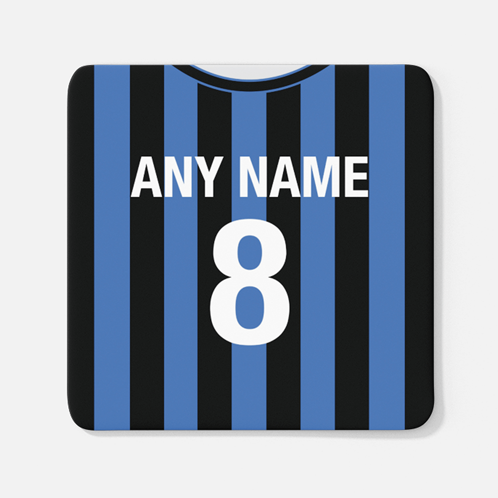 Inter Milan Retro Style Home Kit Shirt Inspired Colours for Personalised Football Coaster with optional Mug.