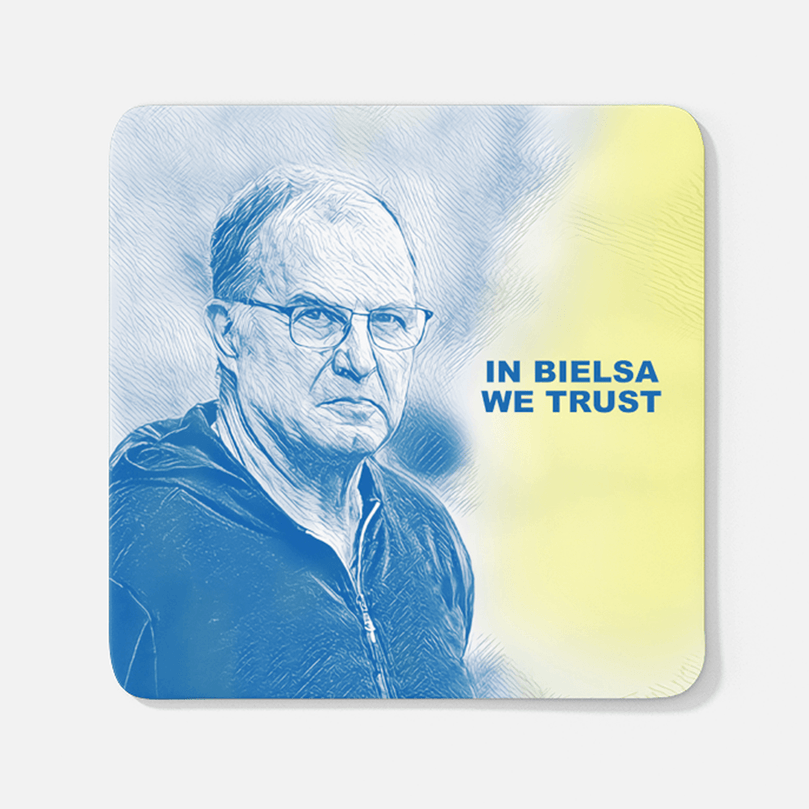 Leeds 2019/2020 Champions 'In Bielsa We Trust' Inspired Football Coaster With Optional Mug Set. Perfect item for The Peacocks fan.