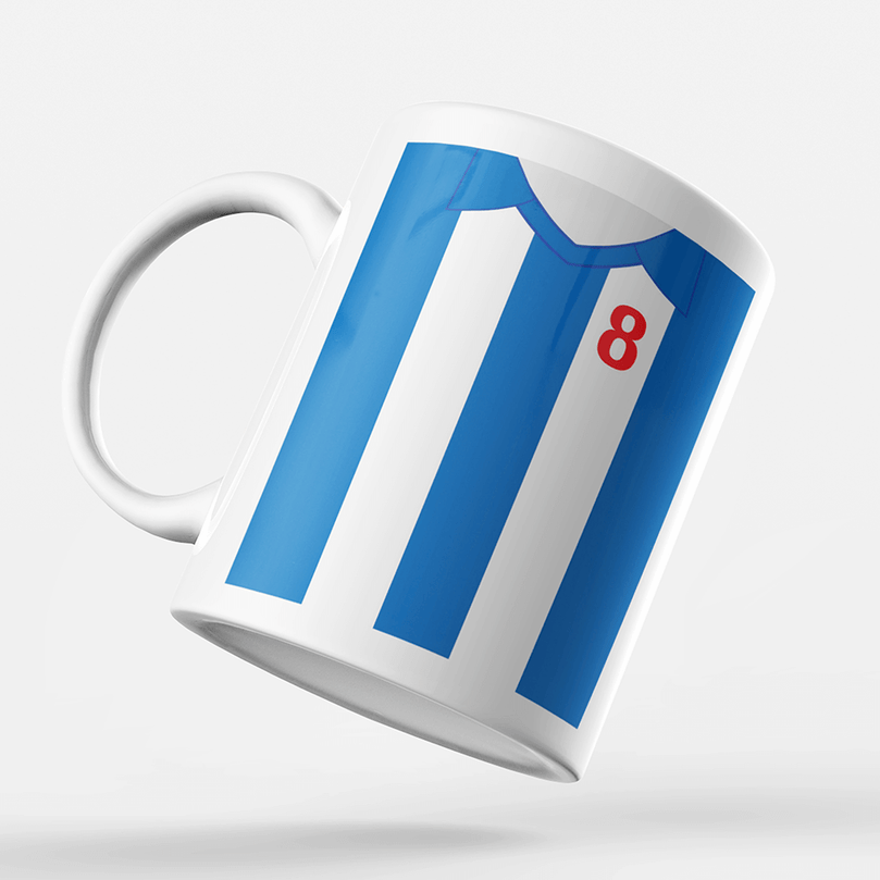 Brighton & Hove Albion Retro Style Home Kit Shirt Inspired Colours for Personalised Football Coaster with optional Mug.