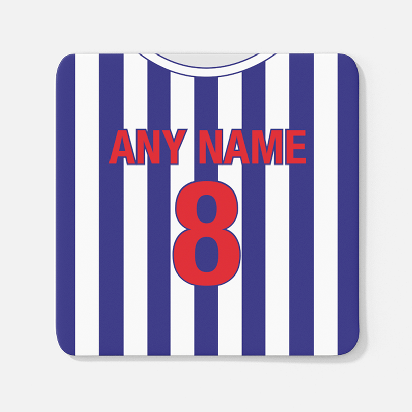 West Bromwich Albion Retro Style Home Kit Shirt Inspired Colours for Personalised Football Coaster with optional Mug.