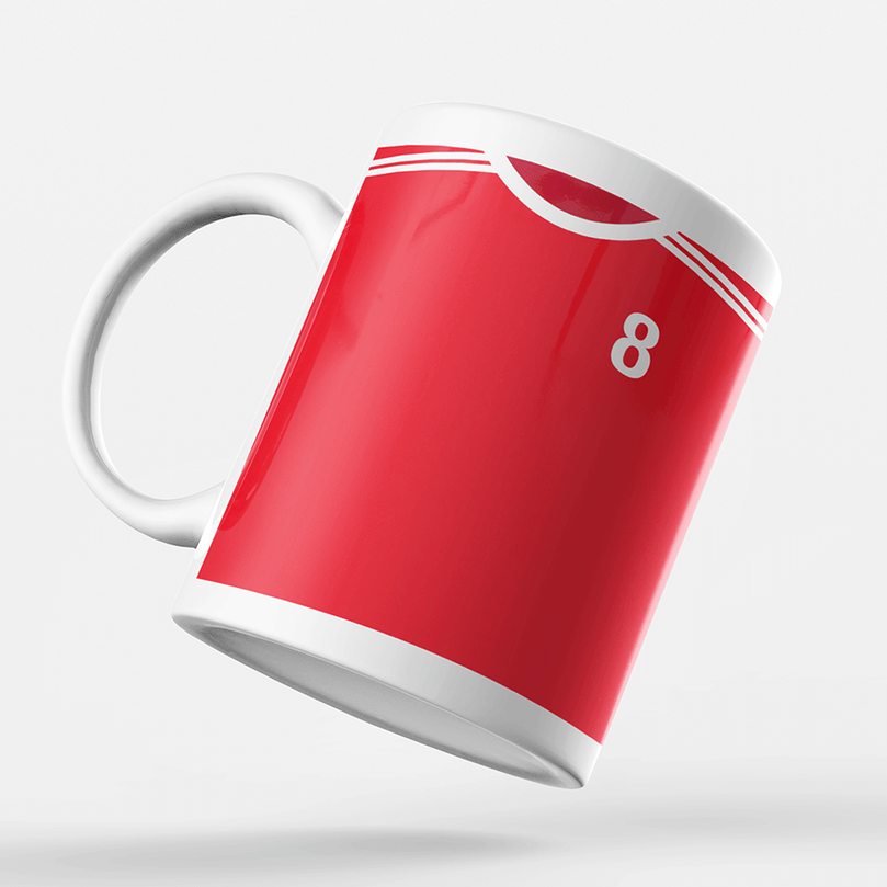 Manchester United Retro Home Kit Shirt Inspired Colours for Personalised Football Mug with optional Coaster.