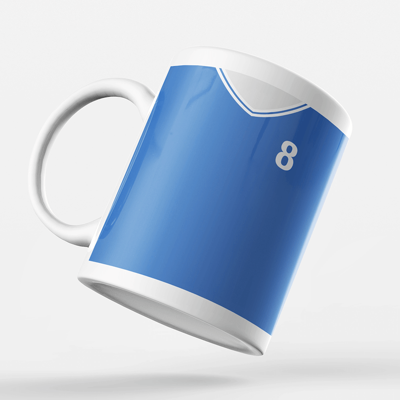 Cardiff City Retro Style Home Kit Shirt Inspired Colours for Personalised Football Mug with optional Coaster.