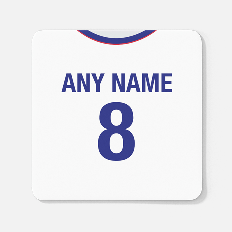 USA Retro Style Home Kit Shirt Inspired Colours for Personalised Football Coaster with optional Mug. Perfect item for The Stars and Stripes fan.