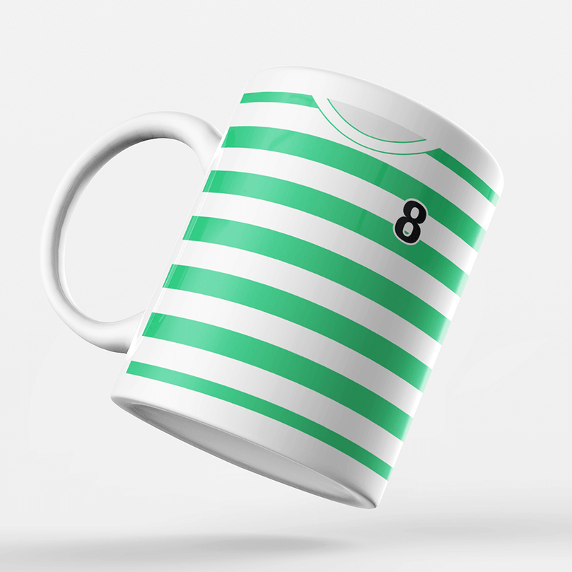 Celtic Retro Style Home Kit Shirt Inspired Colours for Personalised Football Mug with optional Coaster.