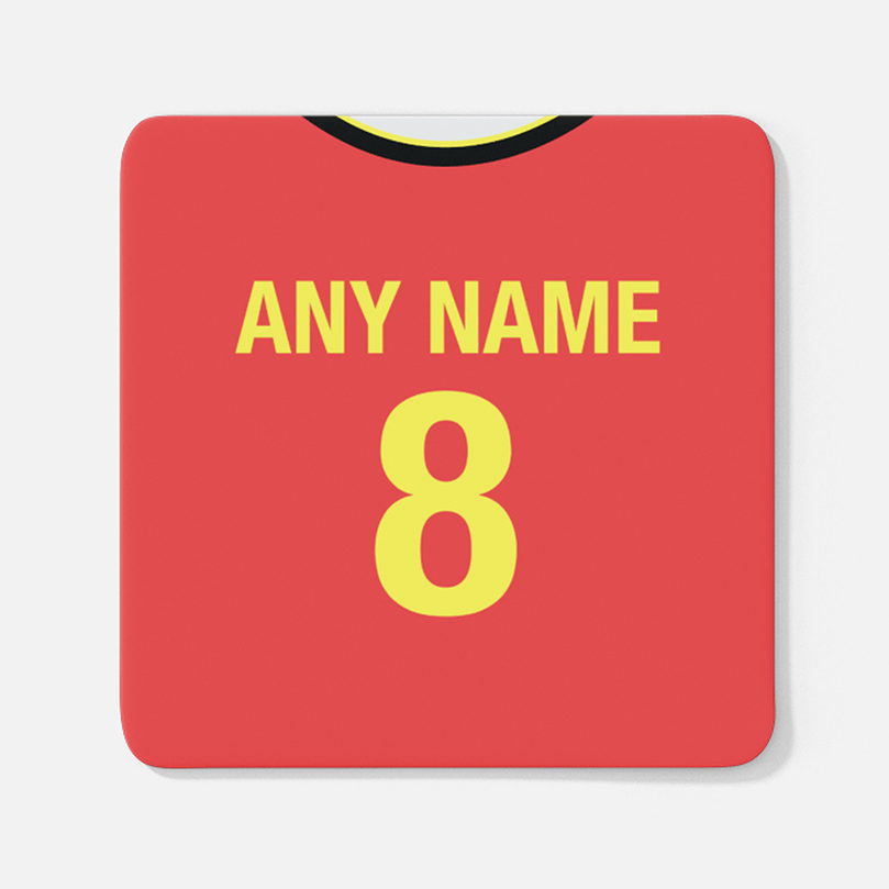 Belgium Retro Style Home Kit Shirt Inspired Colours for Personalised Football Coaster with optional Mug. Perfect item for the les Diables Rouges fan.