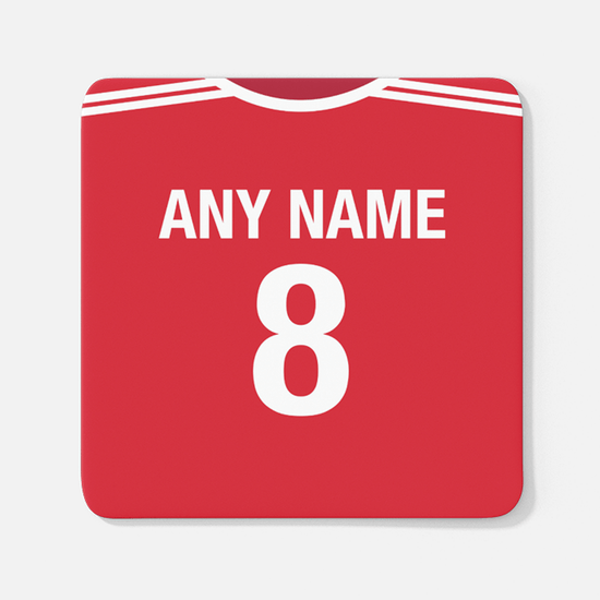 Manchester United Retro Home Kit Shirt Inspired Colours for Personalised Football Coaster with optional Mug.