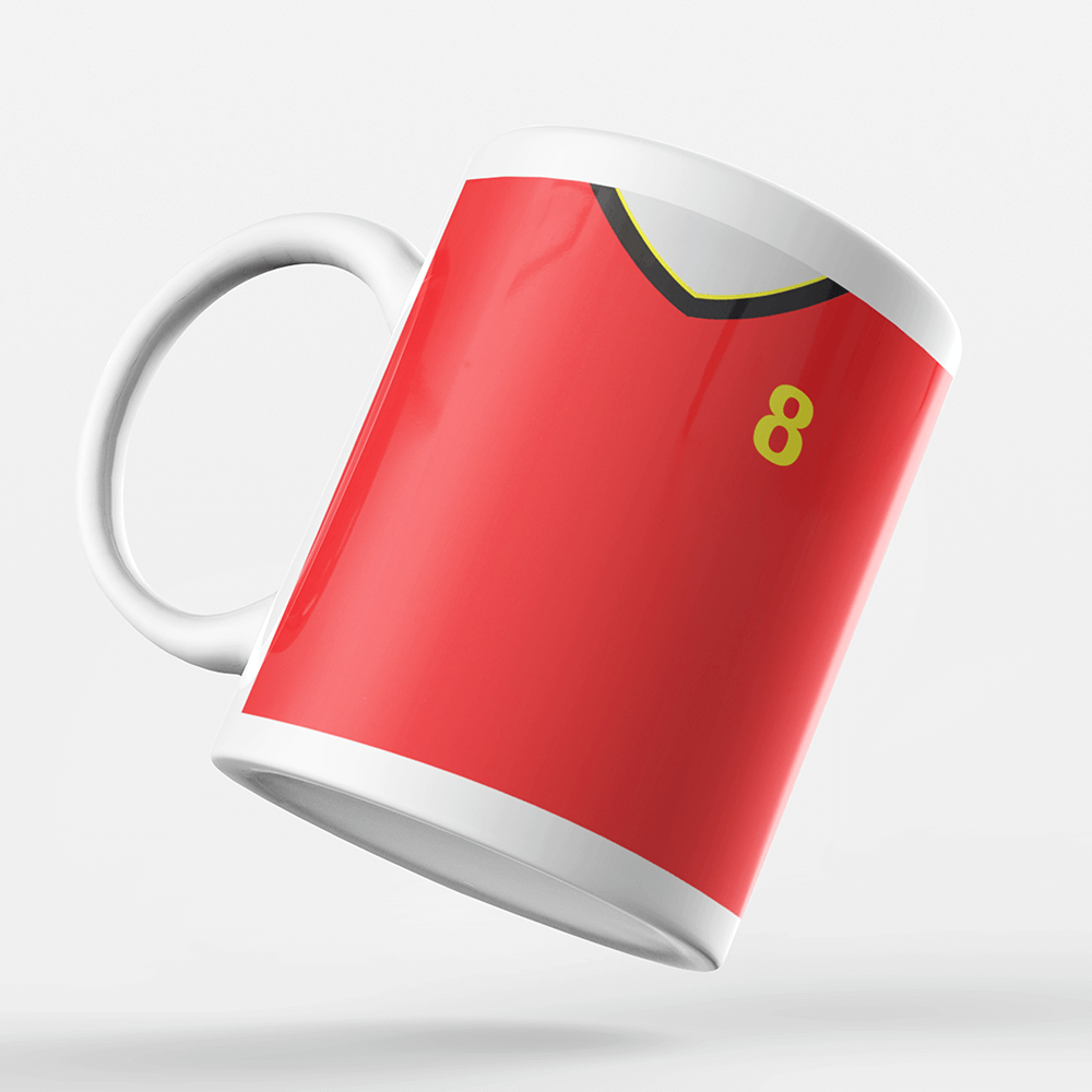 Belgium Retro Style Home Kit Shirt Inspired Colours for Personalised Football Mug with optional Coaster. Perfect item for the les Diables Rouges fan.