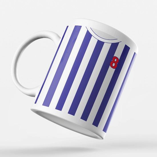 West Bromwich Albion Retro Style Home Kit Shirt Inspired Colours for Personalised Football Mug with optional Coaster.