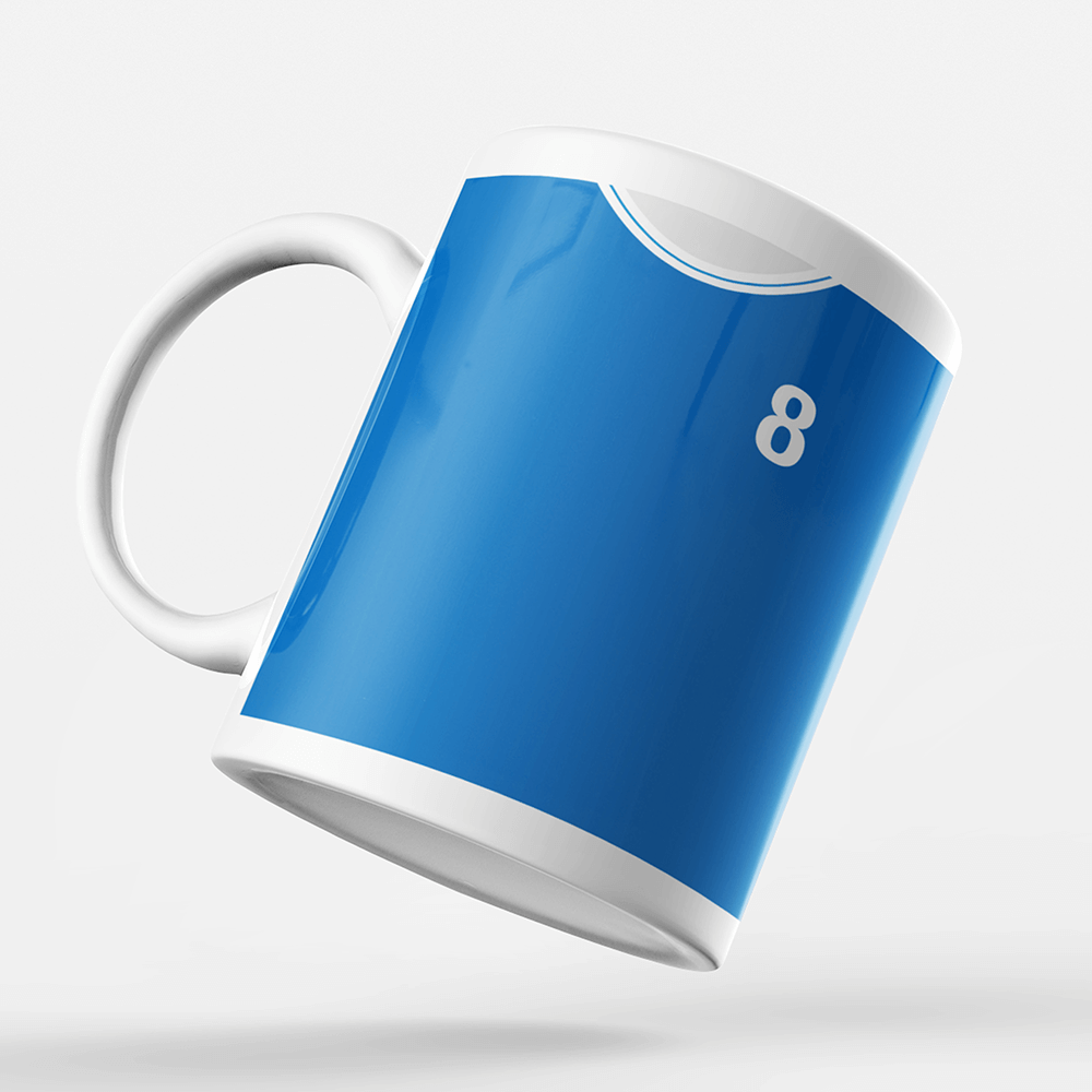 Leicester City Retro Style Home Kit Shirt Inspired Colours for Personalised Football Mug with optional Coaster.