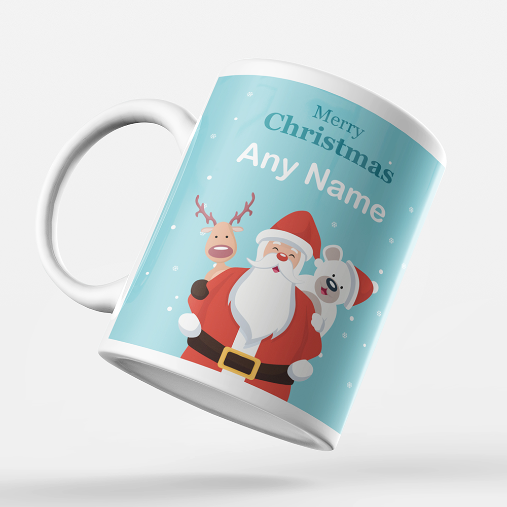 Merry Christmas 'Personalised' Mug. Santa + Rudolph Reindeer + Polar Bear.