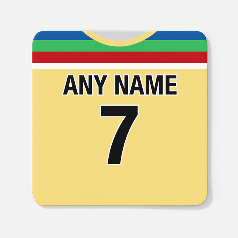 Australia Retro Style Home Kit Shirt Inspired Colours for Personalised Football Coaster with optional Mug. Perfect item for the Aussie fan.