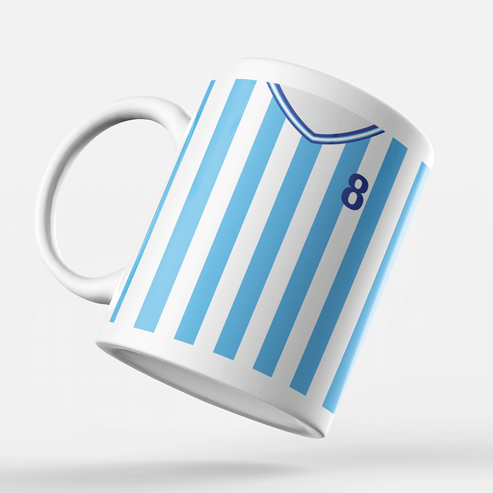 Coventry Retro Style Home Kit Shirt Inspired Colours for Personalised Football Mug with optional Coaster.